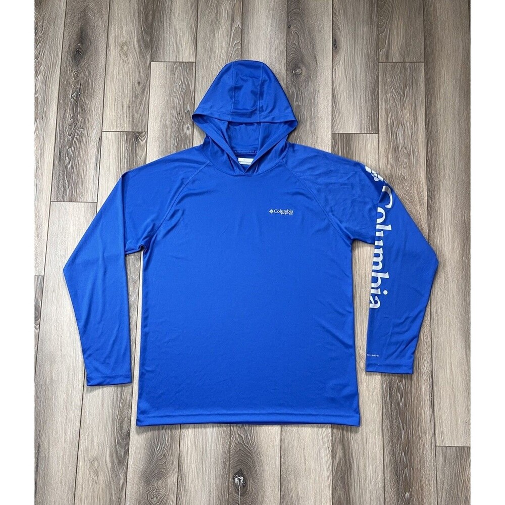 Columbia PFG Hoodie Shirt Mens M Blue Long Sleeve Omni Shade Fishing Performance